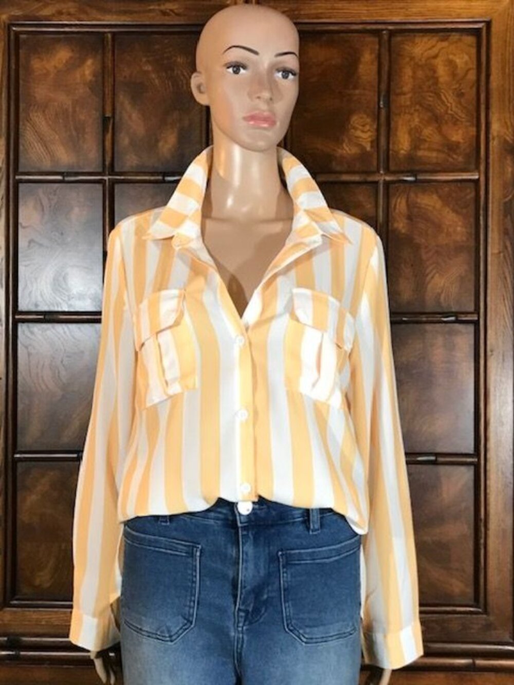 Yidarton Yellow White Stripe Pleated Pocket Button Down Shirt